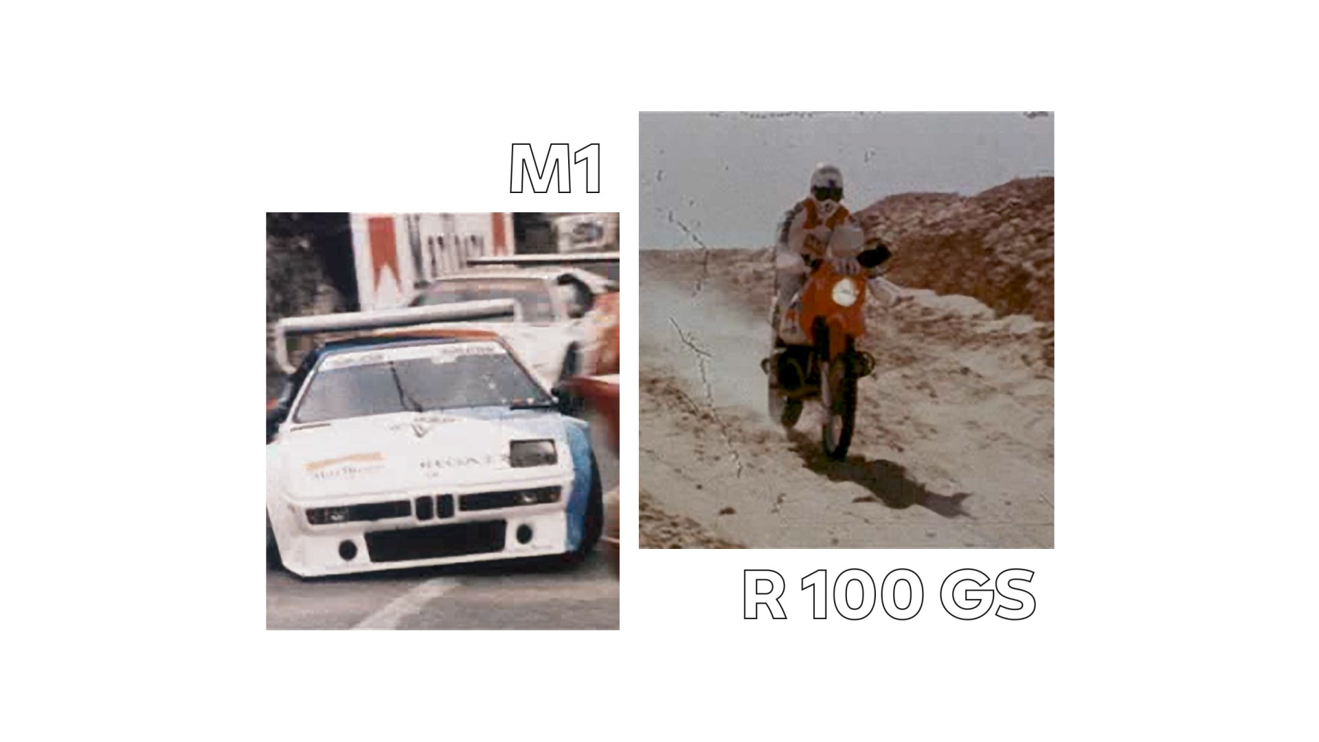 Na levi je zgodovinski posnetek vozila BMW M1, na desni pa legendarni stroj Rallye Paris Dakar.