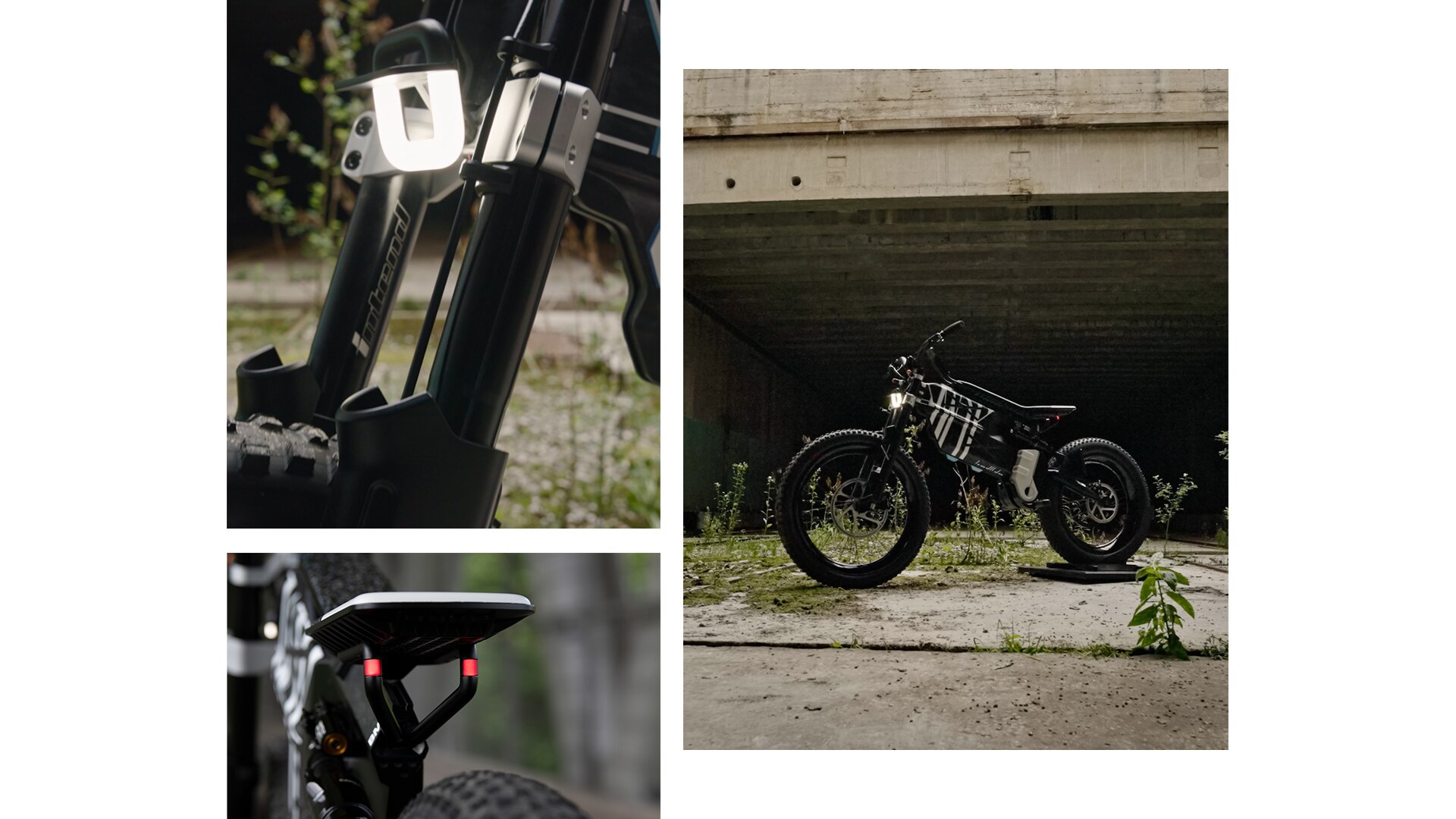 Motorno kolo BMW Motorrad Vision AMBY s svojo nenavadno optiko in mogočnimi pnevmatikami s čepki stoji na zapuščenem tovarniškem zemljišču.