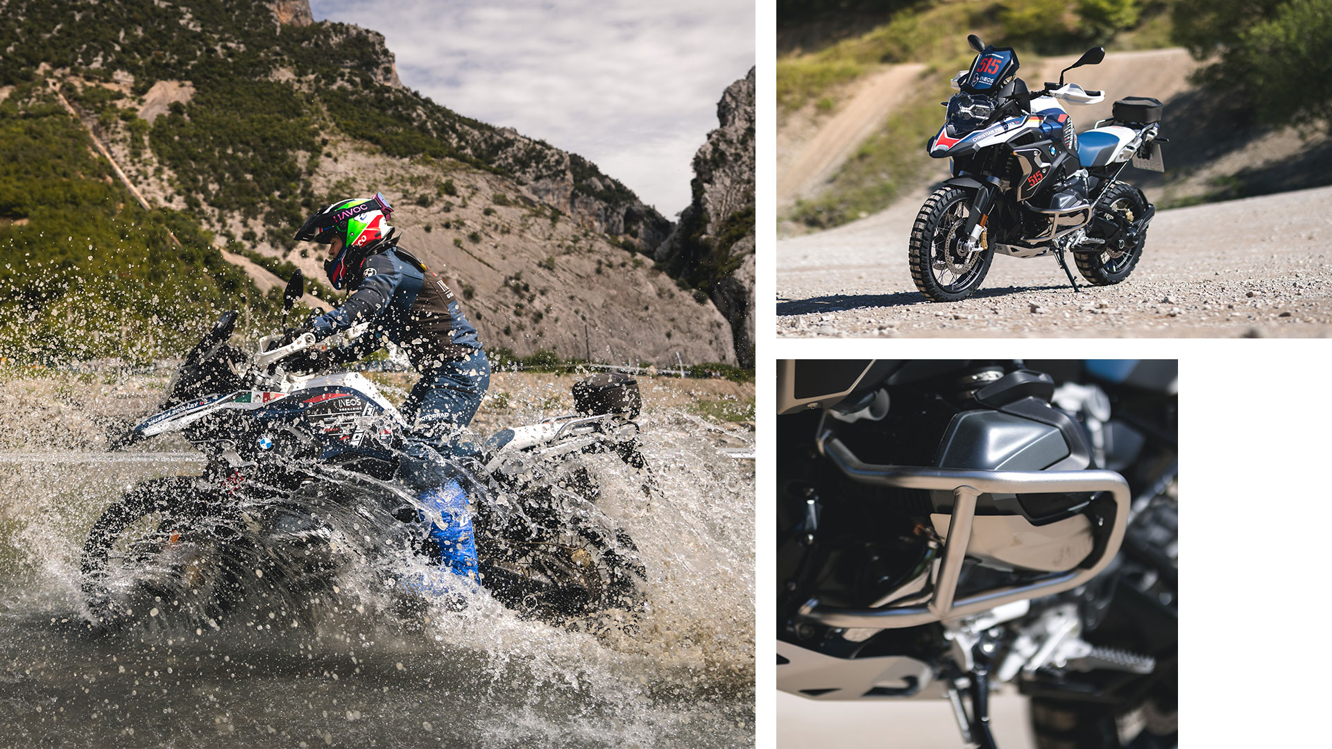 Motorno kolo Int. GS Trophy z različnih zornih kotov in pri vožnji po vodi.