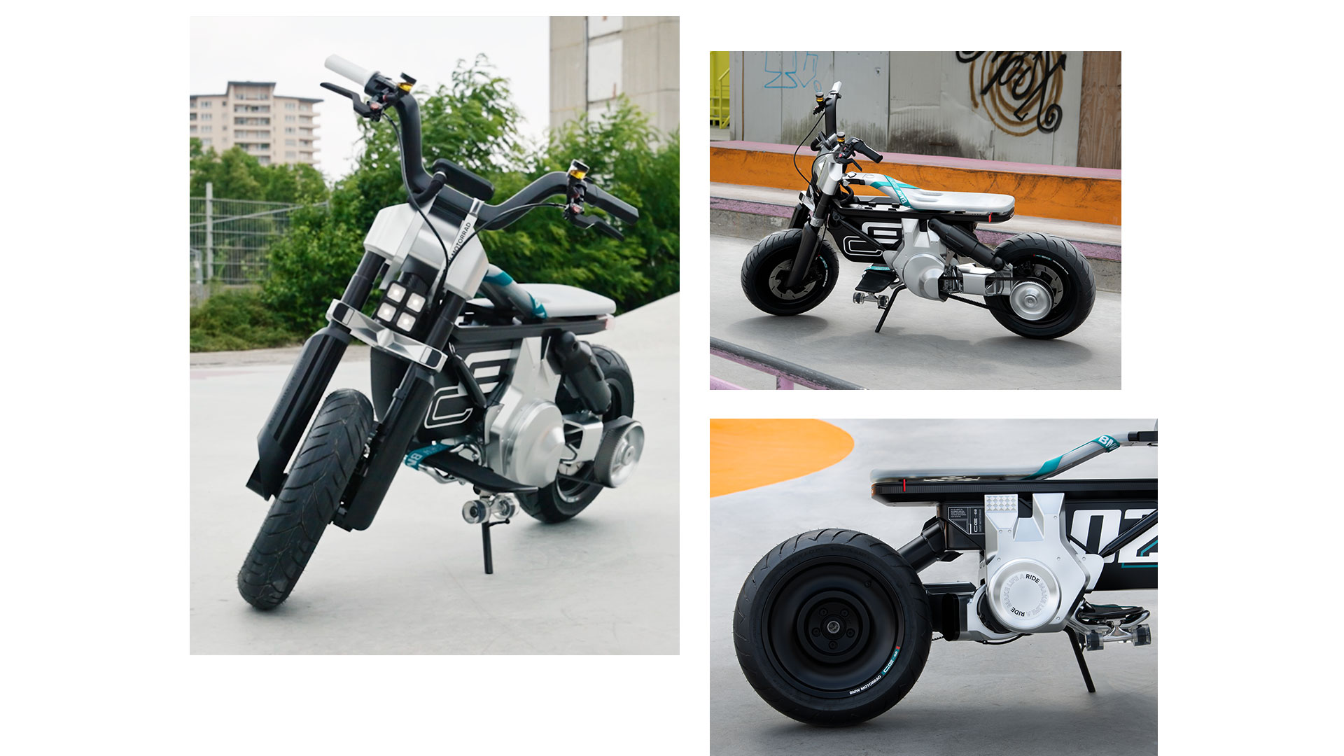 Kolaž iz treh slik skuterja Concept CE 02 v skate parku. Na levi s fokusom na razmerja modela, zgoraj desno model s strani, spodaj desno fokus na zadnje kolo in sedež.