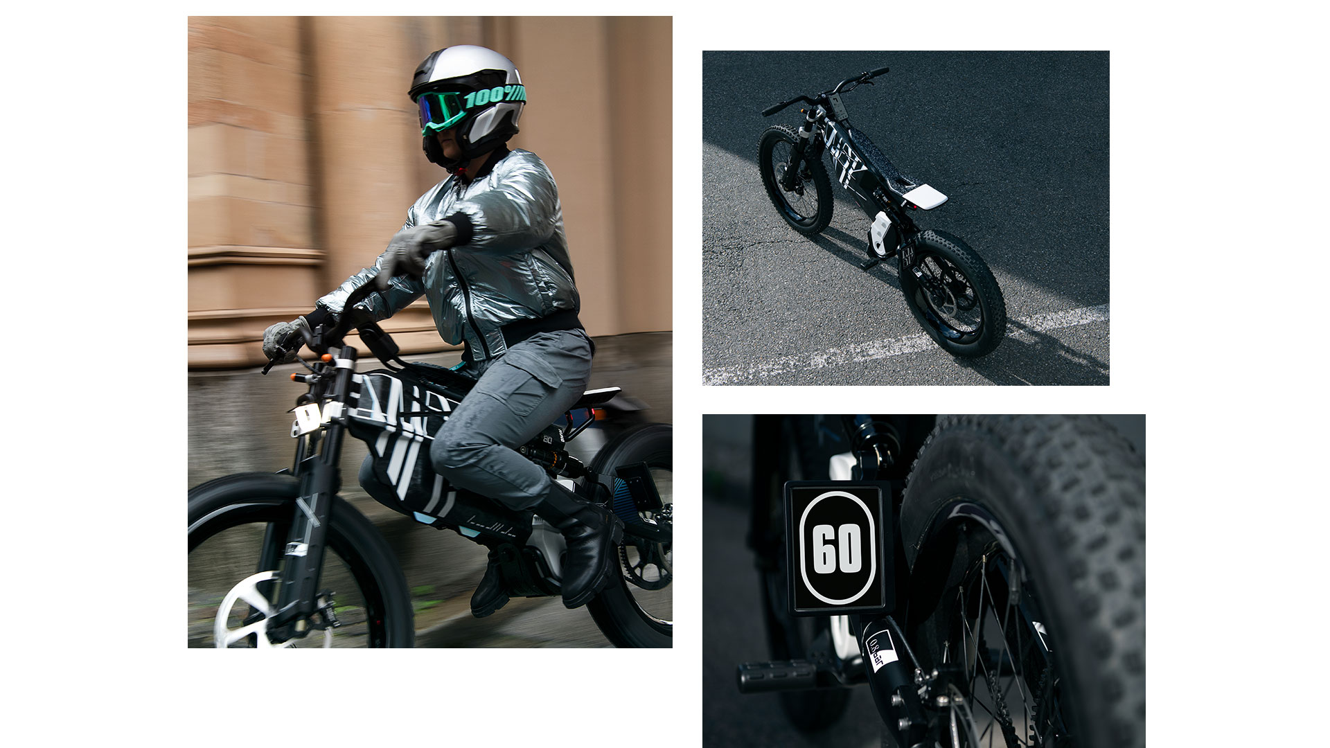 Kolaž iz treh slik motornega kolesa Vision AMBY. Fokus je na žarometih LED, registrski oznaki na osnovi tehnologije e-črnila in sedežu.
