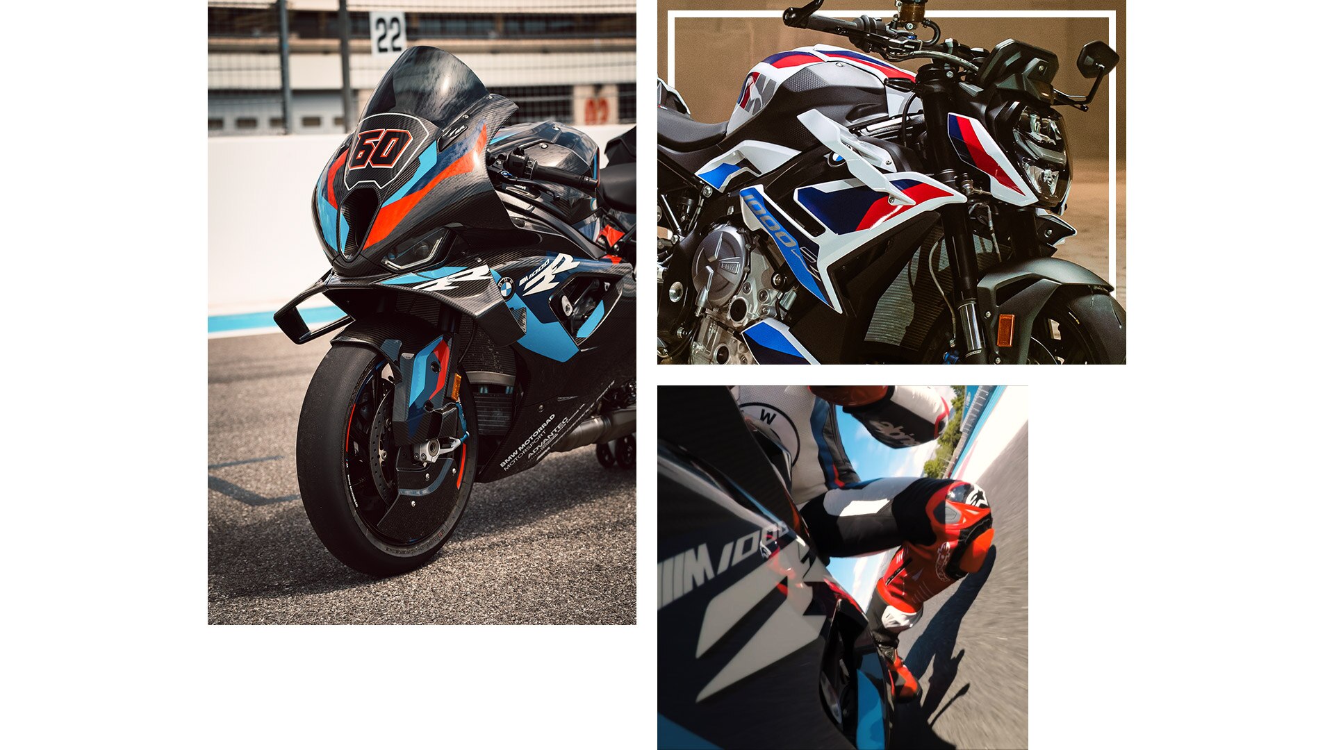 Kolaž iz posnetkov vožnje motornega kolesa M 1000 RR in M 1000 R.
