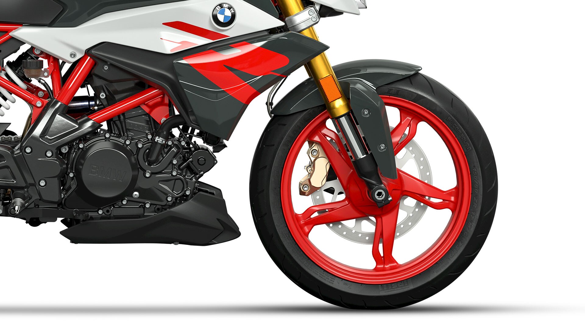 Na sliki vidimo kakovostne aluminijeve nihajne vilice in izpušni sistem modela G 310 R.