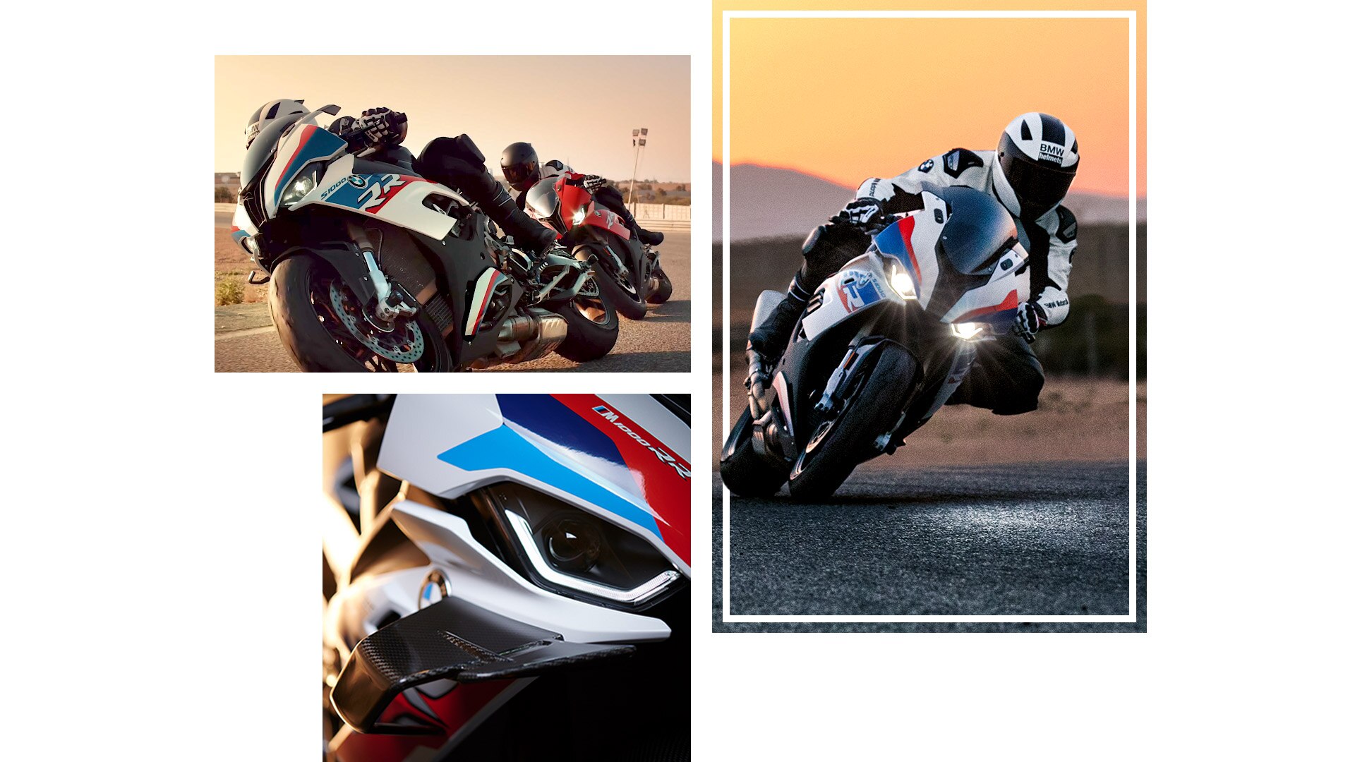 Kolaž posnetkov vožnje motornih koles S 1000 RR in M 1000 RR.