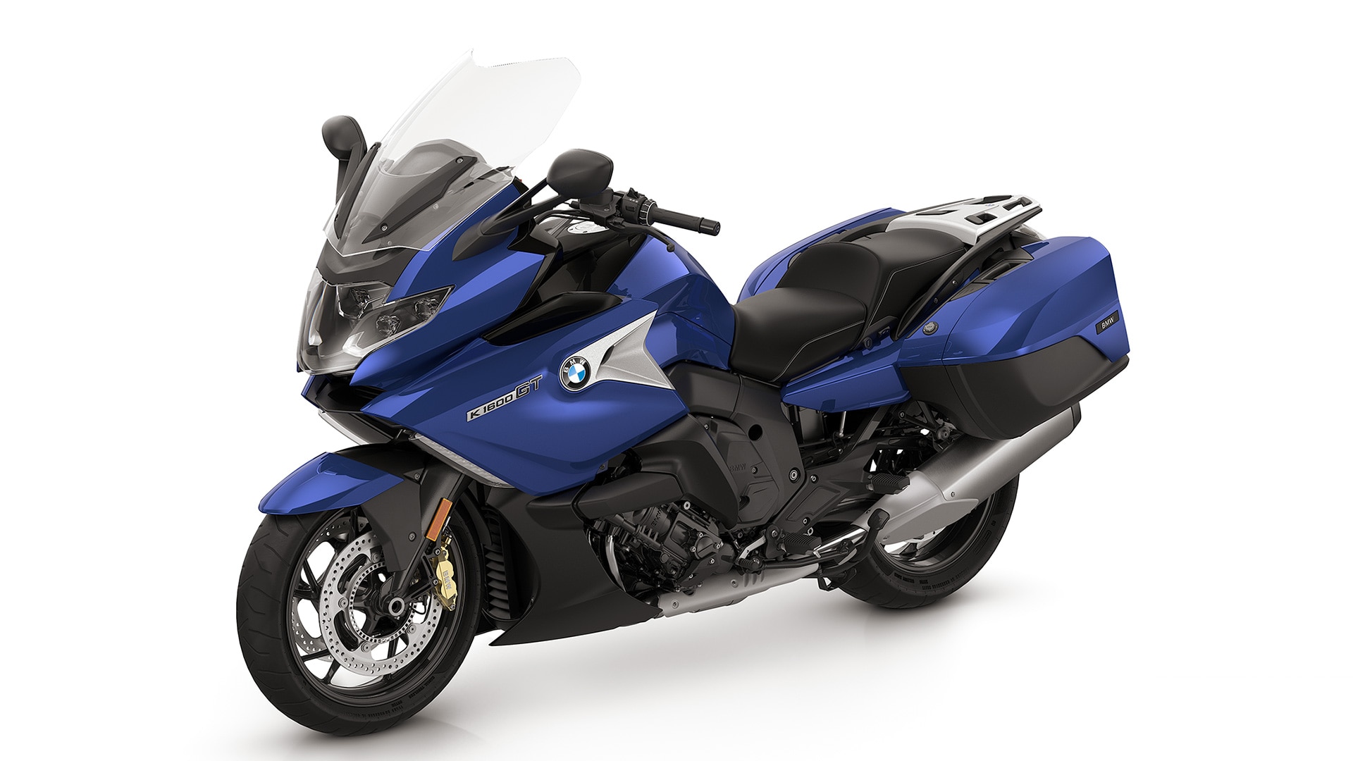 K 1600 GT v univerzalni barvi Lightwhite/kovinski barvi Racing Blue/univerzalni barvi Racing Red.